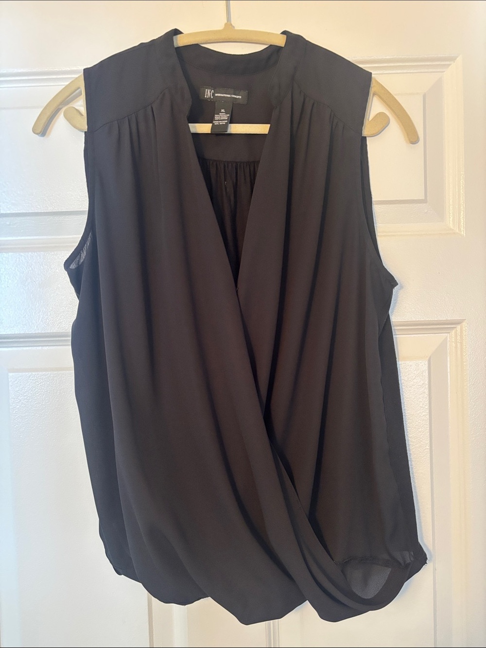 INC International Concepts Black Draped Faux-Wrap Sleeveless Top